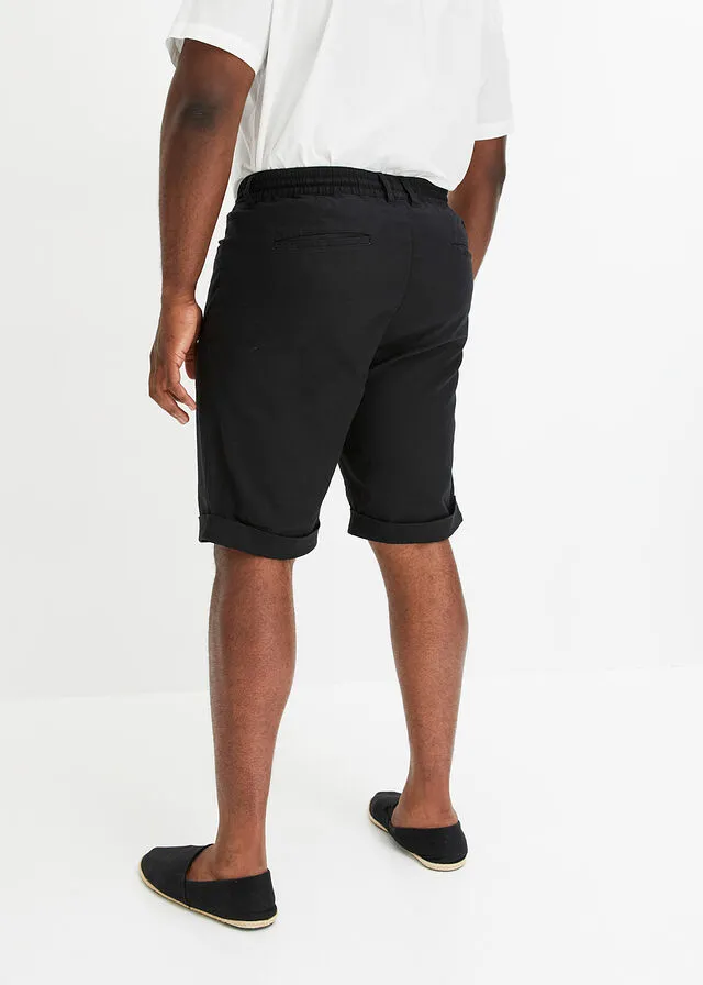 Black Regular Fit Linen Blend Elastic Waist Shorts