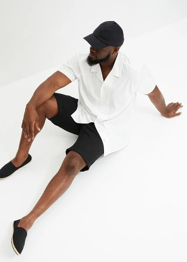 Black Regular Fit Linen Blend Elastic Waist Shorts