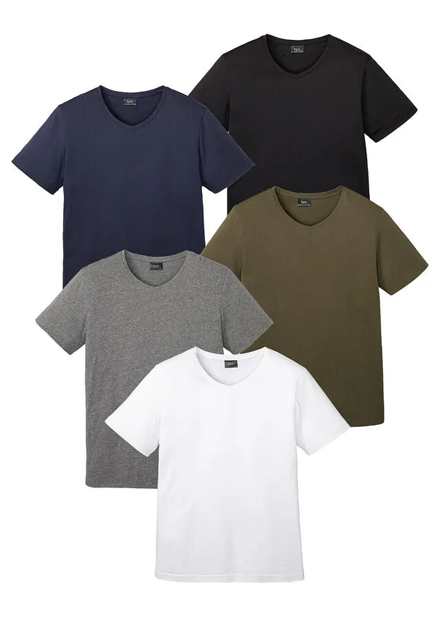 Camiseta con escote en V (5 unidades) Blanco + gris jaspeado + verde oliva oscuro + azul marino + negro
