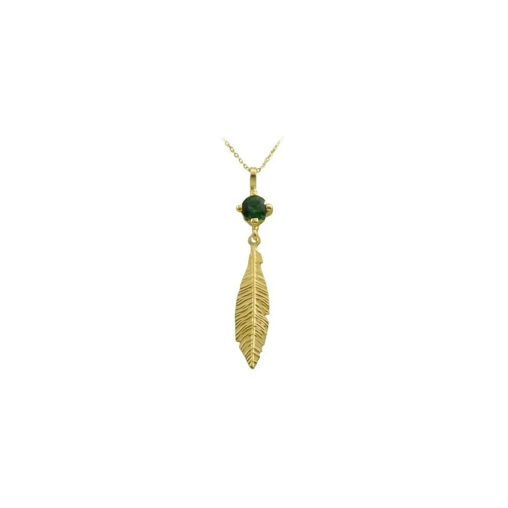 18k Gold Pendant with 21mm Long Green Stone Feather and 45cm Chain