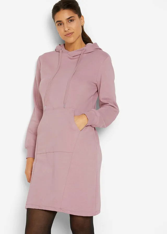 Hooded sweatshirt dress with elasticized hem in rosewood.