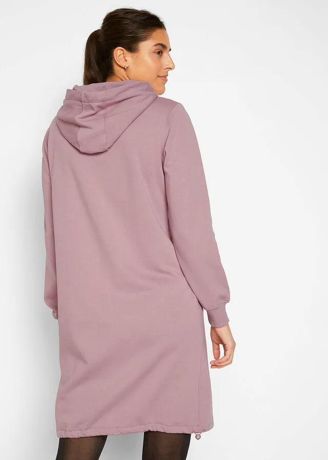 Hooded sweatshirt dress with elasticized hem in rosewood.