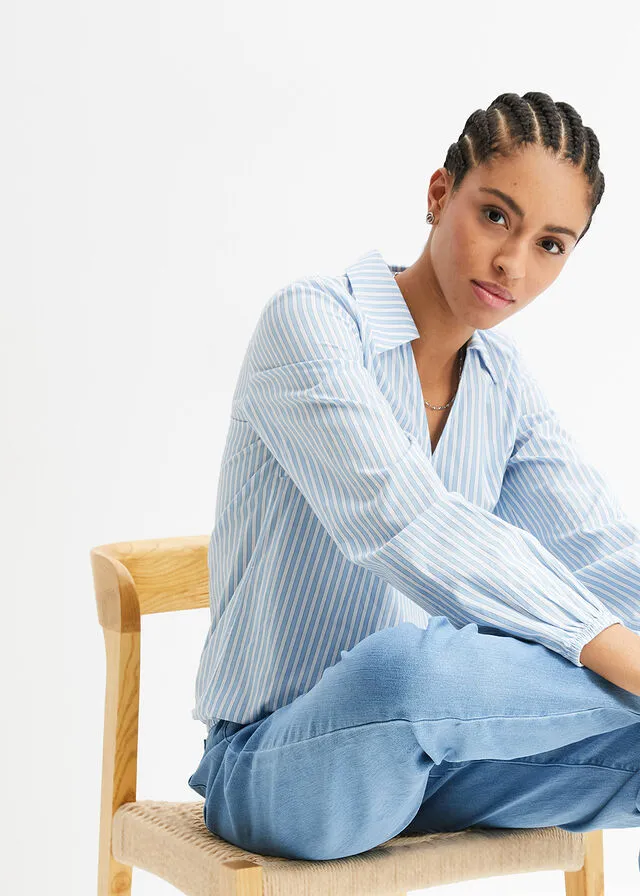 Light Blue and White Striped Cross Front Blouse