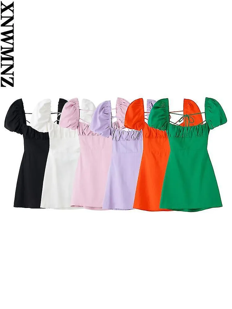 White Linen Blend Square Neck Short Sleeve Criss Cross Backless Crossover Dress for Women