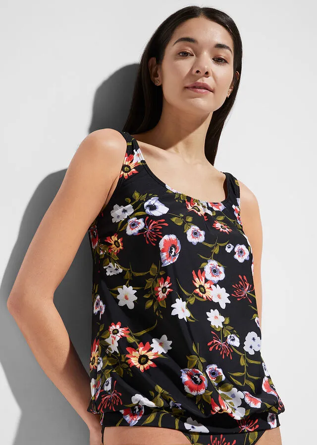 Recycled Nylon Black Floral Tankini Top