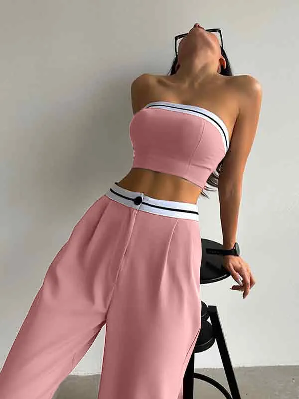 Sporty Tube Top Vest Wide Leg High Waist Casual Two-Piece Set