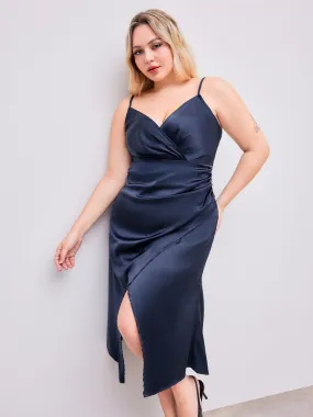 Curvy Draped Satin Midi Dress with Slit