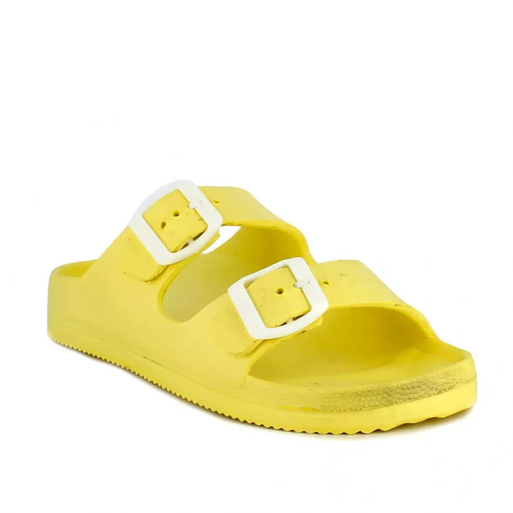 Yellow open-toe sandals with double buckle.